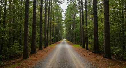 Fototapeta premium Serene Gravel Pathway Through Tall Pine Trees in Lush Green Forest