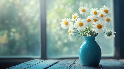 Fresh daisies in a blue vase resting on a wooden table with soft highlights generative ai © Photo