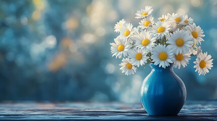 Fresh daisies in a blue vase resting on a wooden table with soft highlights generative ai © Photo