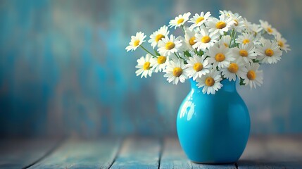 Fresh daisies in a blue vase resting on a wooden table with soft highlights generative ai © Photo