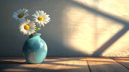 Three daisies in a blue vase on a wooden table surrounded by soft shadows generative ai © Photo