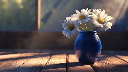 Three daisies in a blue vase on a wooden table surrounded by soft shadows generative ai © Photo