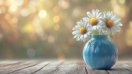 Elegant blue vase with three fresh daisies on a wooden surface with soft light generative ai © Photo