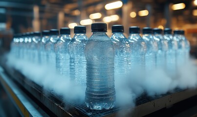 Cooling plastic water bottles on a factory conveyor belt.