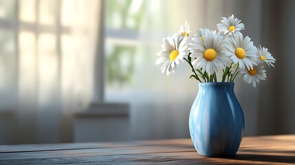 Fresh daisies in a blue vase sitting gently on a cozy wooden table generative ai © Photo