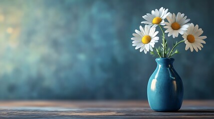 Three fresh daisies in a blue vase placed gracefully on a wooden table generative ai © Photo