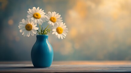 Three fresh daisies in a blue vase placed on a warm wooden table with soft lighting generative ai © Photo