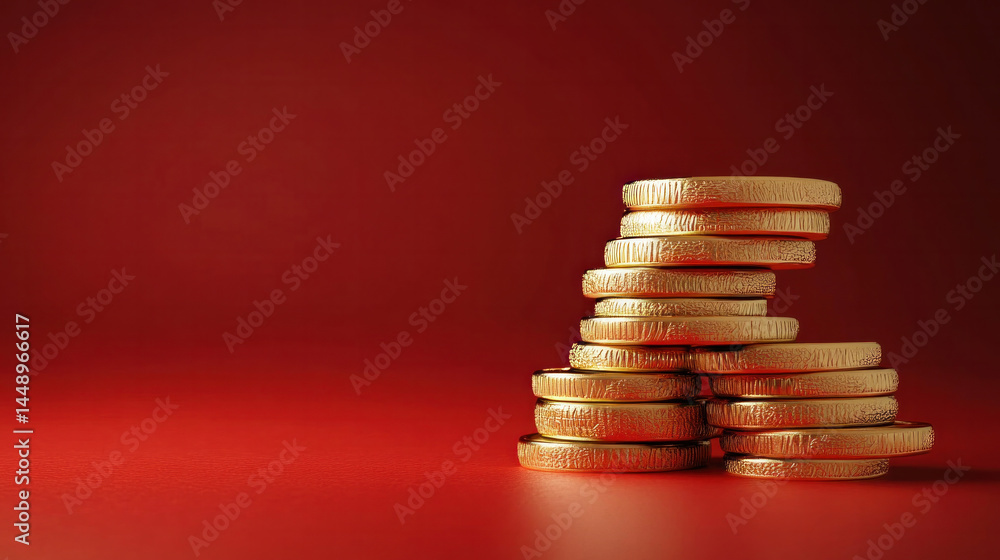 Aufkleber a pile of gold coins on a red background. the coins are stacked on top of each other, creating a sen