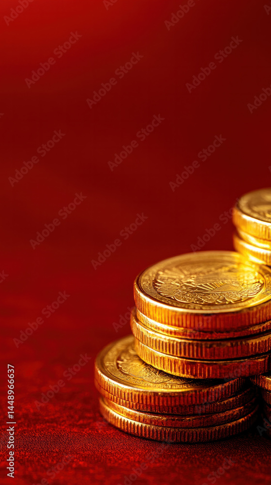 Poster a stack of gold coins on a red background. the coins are piled on top of each other, creating a sens