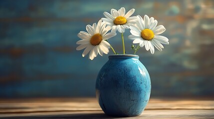 Three daisies in a blue vase sitting on a wooden table bathed in natural light generative ai © Photo