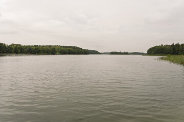 A calm lake with trees in the background