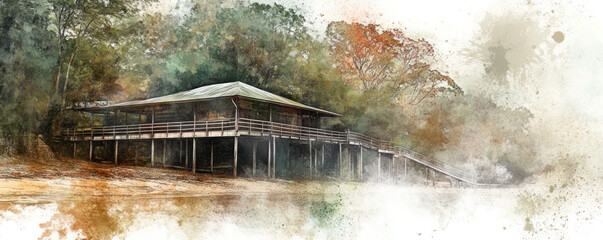 A wooden house with a porch and a bridge leading to it. The house is surrounded by trees and the water is calm