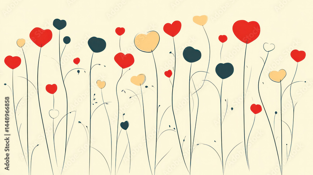 Aufkleber a field of flowers with many red hearts. the flowers are arranged in a way that they look like they 
