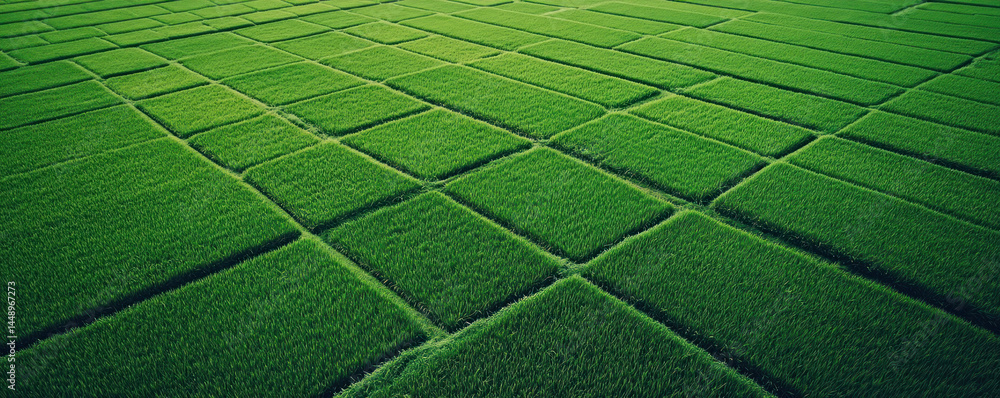Poster a field of green grass with a pattern of squares. the squares are all the same size and are evenly s