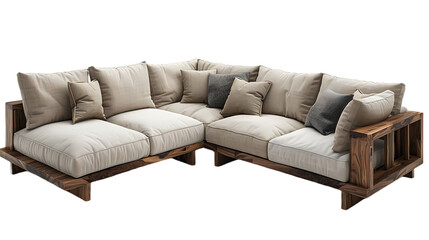 Rustic L-shape sofa with cushions isolated on transparent background