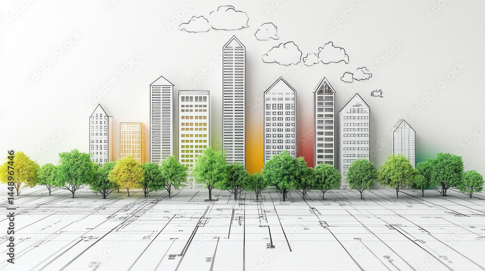 Poster a city skyline with a green tree in the middle. the trees are in the foreground and the buildings ar