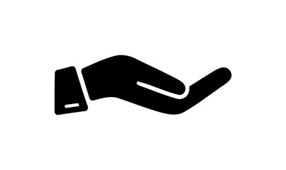 Symbolic open hand offering or receiving something, presented in minimalist black silhouette, suggesting support and charity on a transparent background