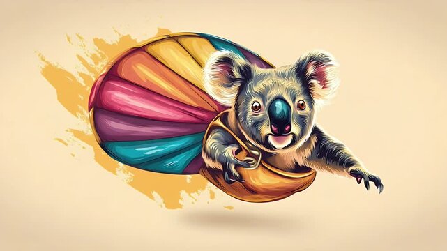 Colorful koala soaring on a multicolored parachute