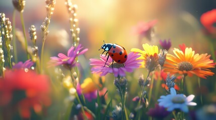 Naklejka premium Colorful flowers and ladybug in sunny meadow