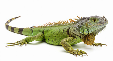 Obraz premium Green Iguana with Spikes on a White Background