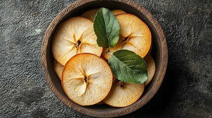 Fototapeta premium Dried apple slices in wooden bowl on dark background