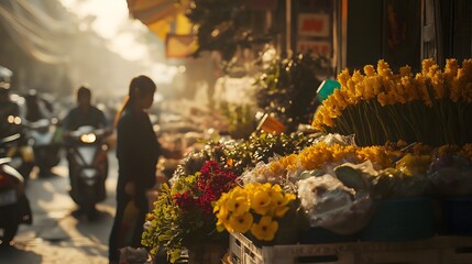 Colorful flower stall at a vibrant night market with scooters, capturing the lively energy, commerce, and atmosphere of urban street life in Asia.