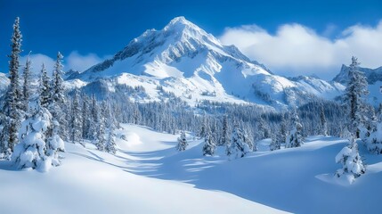 A beautiful winter scene unfolds with snow-covered trees and majestic mountain peaks under the sun.