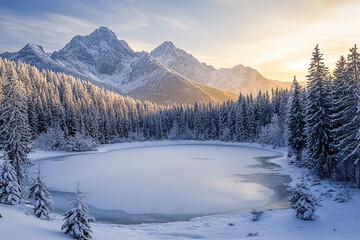 Snow-covered alpine landscape featuring a tranquil frozen lake and majestic mountains