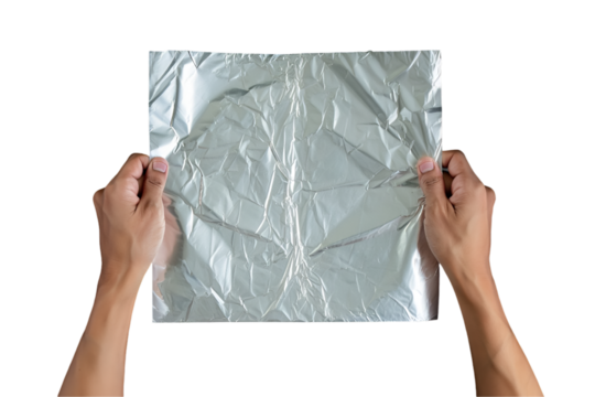 Man hands holding aluminum foil on transparent background
 - Powered by Adobe