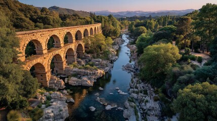 Fototapeta premium Ancient bridge spanning a tranquil river valley