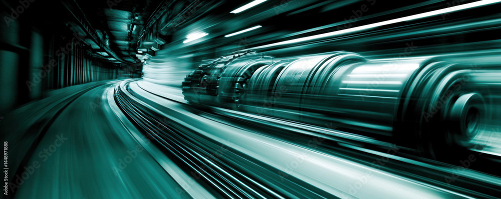 Poster a train is moving through a tunnel. the tunnel is dark and the train is blurry. the train is moving 