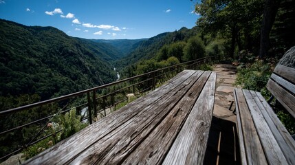 Fototapeta premium Outdoor wooden table and bench scenic view