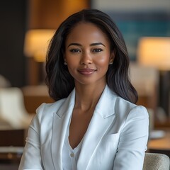 Fototapeta premium Black American female CEO a crisp white shirt and blazer seated in a luxurious office medium shot 50mm f12 GM