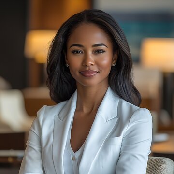 Black American female CEO a crisp white shirt and blazer seated in a luxurious office medium shot 50mm f12 GM