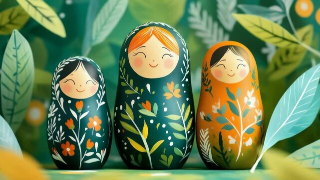 Hand-painted nesting dolls in a whimsical floral setting.