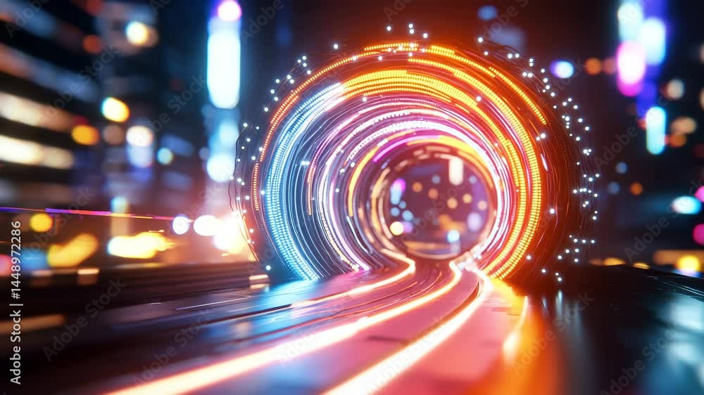 Poster dynamic neon light tunnel with glowing circular patterns