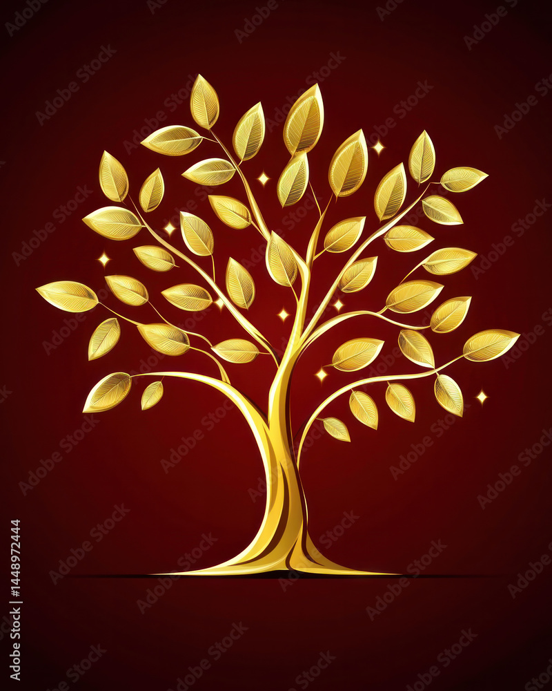 Poster a gold tree with leaves and a trunk. the tree is surrounded by a red background. the tree is very la