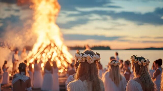 Young women in white dresses and flower crowns watch a bonfire at sunset.