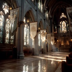 Gothic cathedral adorned with white and gold banners for Corpus Christi, sunlight filtering through stained glass windows. 