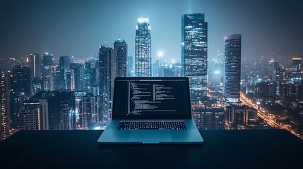 Laptop displaying code over city lights modern technology concept