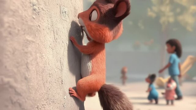 Cute cartoon squirrel climbing wall