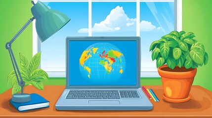 Fototapeta premium Laptop displaying world map indoor scene