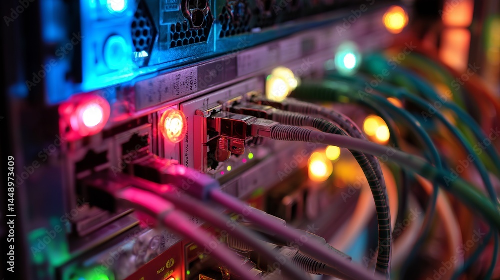 Poster network server technology abstract background digital colorful cables data center internet connectiv