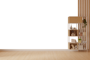 Isolated modern wooden shelf with decorative Items – 3D PNG on transparent background