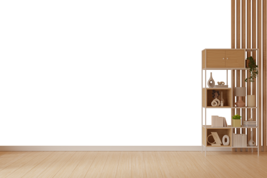 Isolated modern wooden shelf with decorative Items – 3D PNG on transparent background