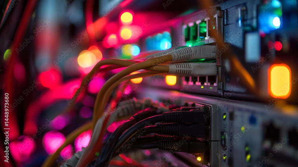 Poster abstract network technology background digital data cables server rack colorful lights technology in