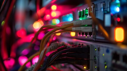 Naklejka premium Abstract Network Technology Background Digital Data Cables Server Rack Colorful Lights Technology Infrastructure Modern Network Connections Futuristic Digital Equipment 