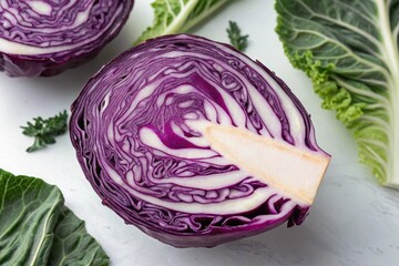 Fototapeta premium Background of the blue cabbage in the cut. Close up, top view. Texture raw purple cabbage - generated by ai