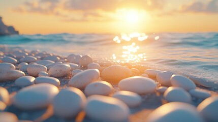Obraz premium Sunset ocean waves wash white pebbles on beach