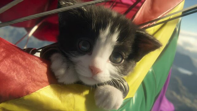Cute kitten in colorful parachute